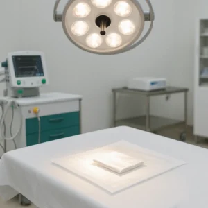 برآمدگی استخوانی زیر ناخن-اتاق عمل با چراغ جراحی و تجهیزات پزشکی، آماده برای جراحی اگزاستوز فالانژ دیستال.