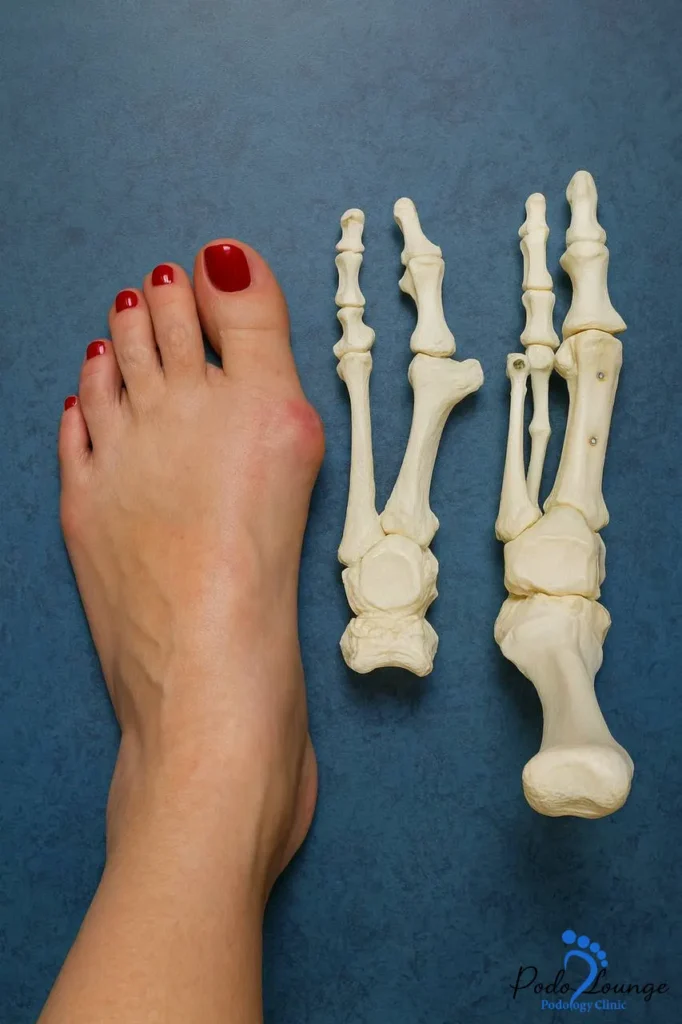 هالوکس والگوس-پای فرد با ناخن‌های قرمز و استخوان‌های نمایش داده شده از ساختار پا، نشان‌دهنده عارضه هالوکس والگوس و بونیون.