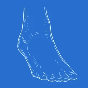 طرح خطی از پای انسان بر زمینه آبی، نماد پودولوژی و مراقبت از پاها.